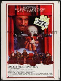 7g490 THEATRE OF BLOOD 30x40 '73 great art of Vincent Price holding bloody skull w/dead audience!