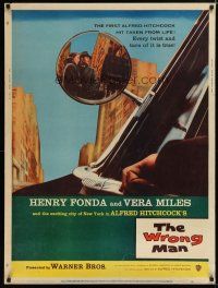 7g518 WRONG MAN style Y 30x40 '57 Henry Fonda, Vera Miles, Alfred Hitchcock, rear view mirror art!