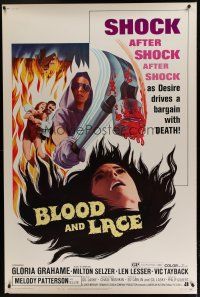 7g115 BLOOD & LACE 40x60 '71 AIP, gruesome horror image of wacky cultist w/bloody hammer!