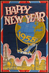 7g144 HAPPY NEW YEAR 1958 40x60 '58 cool silkscreen art of father Time in balloon over cities!