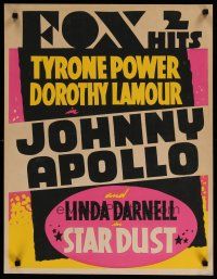 7g031 JOHNNY APOLLO/STAR DUST trolley card '40 Tyrone Power, Dorothy Lamour, 2 Fox hits!