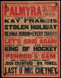 7g027 PALMYRA SELTZER THEATRE local theater jumbo WC '37 Kay Francis, Deana Durbin in Every Sunday!