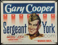 7j739 SERGEANT YORK 1/2sh R49 great headshot artwork of Gary Cooper in uniform, Howard Hawks