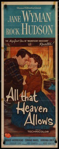 7j016 ALL THAT HEAVEN ALLOWS insert '55 c/u romantic art of Rock Hudson about to kiss Jane Wyman!