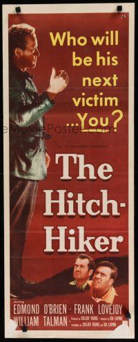 7j178 HITCH-HIKER insert '53 different image of man w/upraised thumb, who will be his next victim!