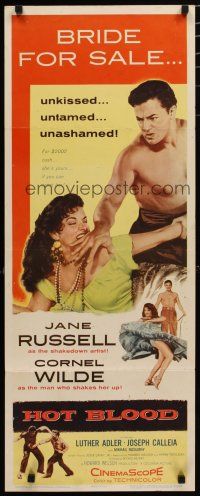 7j183 HOT BLOOD insert '56 barechested Cornel Wilde grabbing Jane Russell, Nicholas Ray!