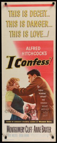 7j190 I CONFESS insert '53 Alfred Hitchcock, art of Montgomery Clift grabbing Anne Baxter!