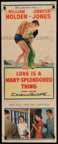 7j266 LOVE IS A MANY-SPLENDORED THING insert '55 romantic art of William Holden & Jennifer Jones!