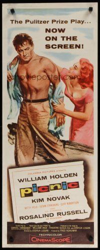 7j329 PICNIC insert '56 great art of barechested William Holden & sexy long-haired Kim Novak!