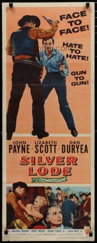 7j378 SILVER LODE insert '54 art of cowboy John Payne in gunfight, sexy Lizabeth Scott!