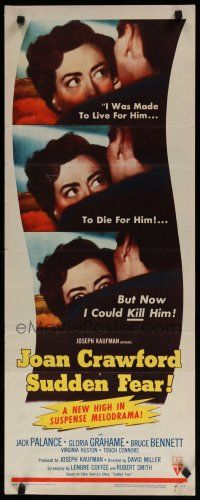 7j395 SUDDEN FEAR insert '52 great close up of terrified Joan Crawford, Jack Palance!