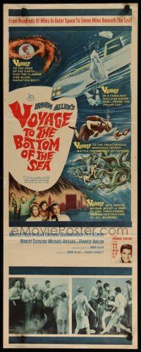 7j423 VOYAGE TO THE BOTTOM OF THE SEA insert '61 fantasy sci-fi art of scuba divers & sea monster!