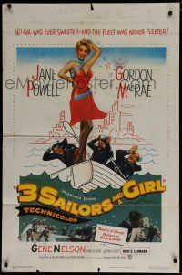 7p010 3 SAILORS & A GIRL 1sh '54 art of sexiest Jane Powell in swimsuit with Navy sailors!