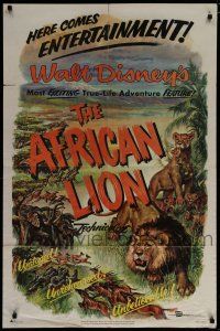 7p025 AFRICAN LION 1sh '55 Walt Disney jungle safari documentary, cool artwork!