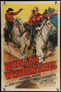 7p077 BENEATH WESTERN SKIES 1sh '44 art of Bob Livingston & Smiley Burnette in gunfight!