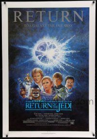7r062 RETURN OF THE JEDI linen small text NSS style 1sh R85 George Lucas classic, art by Tom Jung!