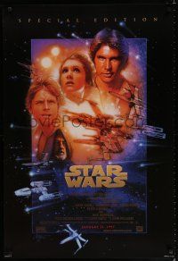 7r028 STAR WARS style B advance 1sh R97 George Lucas, art of Luke, Leia & Han by Drew Struzan!