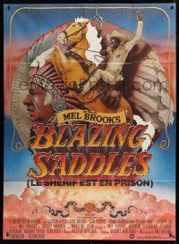7t495 BLAZING SADDLES French 1p '74 classic Mel Brooks western, art of Cleavon Little on horse!