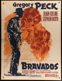 7t507 BRAVADOS French 1p '58 Grinsson art of cowboy Gregory Peck with gun & sexy Joan Collins!