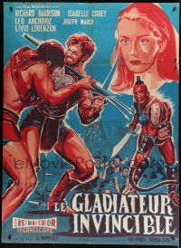 7t646 INVINCIBLE GLADIATOR French 1p '61 different Belinsky art of Richard Harrison in battle!
