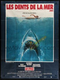 7t651 JAWS French 1p '75 art of Steven Spielberg classic man-eating shark attacking sexy swimmer!