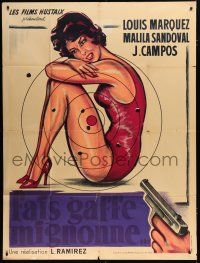7t695 LLAMA UN TAL ESTEBAN French 1p '60 art of gun pointed at target over sexy woman!