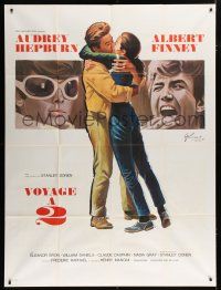 7t874 TWO FOR THE ROAD French 1p '67 art of Audrey Hepburn kissing Albert Finney by Grinsson!