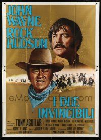 7t304 UNDEFEATED Italian 2p '69 John Wayne & Rock Hudson, different art by Franco Fiorenzi!