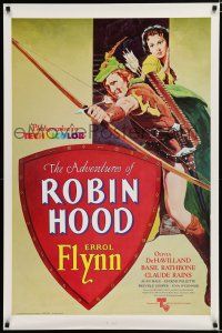 7w042 ADVENTURES OF ROBIN HOOD 1sh R76 art of Errol Flynn as Robin Hood, Olivia De Havilland!