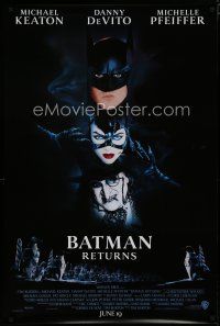 7w066 BATMAN RETURNS advance 1sh '92 close-up of Danny DeVito as the Penguin, Tim Burton!