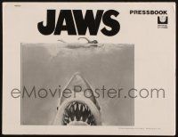 7x644 JAWS pressbook '75 art of Steven Spielberg's classic man-eating shark attacking sexy swimmer