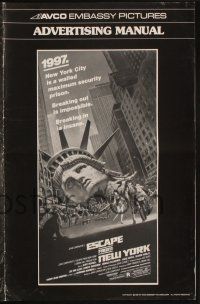 7x547 ESCAPE FROM NEW YORK pressbook '81 John Carpenter, art of decapitated Lady Liberty by S. Watts