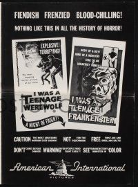 7x627 I WAS A TEENAGE WEREWOLF/I WAS A TEENAGE FRANKENSTEIN pressbook '57 fiendish & frenzied!