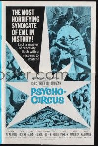7x764 PSYCHO-CIRCUS pressbook '67 most horrifying syndicate of evil, art of sexy girl terrorized!