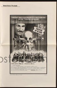 7x850 THEATRE OF BLOOD pressbook '73 art of Vincent Price holding bloody skull w/dead audience!