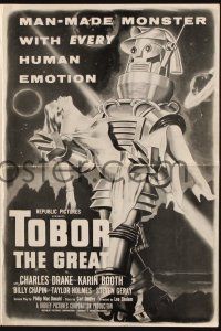 7x862 TOBOR THE GREAT pressbook '54 man-made funky robot with every human emotion holding sexy girl!