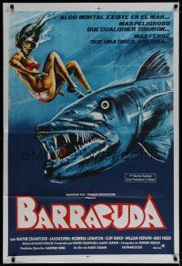 7y143 BARRACUDA Argentinean '78 great artwork of huge killer fish attacking sexy diver in bikini!