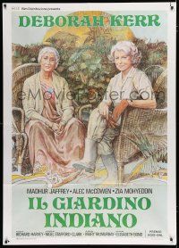 7y480 ASSAM GARDEN Italian 1p '85 Iaia art of Deborah Kerr & Madhur Jaffrey sitting together!