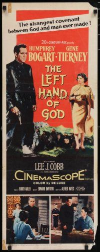 8b632 LEFT HAND OF GOD insert '55 art of priest Humphrey Bogart holding gun + sexy Gene Tierney!