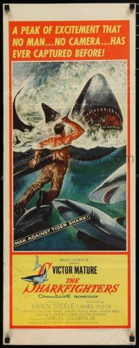 8b762 SHARKFIGHTERS insert '56 Victor Mature, cool artwork of man fighting sharks w/knife!