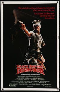 8c213 DEATH BEFORE DISHONOR 1sh '86 cool image of soldier Fred Dryer in camo pointing gun!