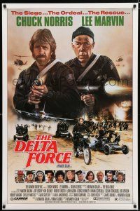 8c219 DELTA FORCE 1sh '86 cool art of Chuck Norris & Lee Marvin firing guns by S. Watts!