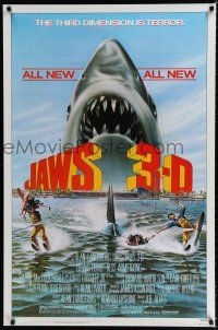 8c410 JAWS 3-D 1sh '83 great Gary Meyer shark artwork, the third dimension is terror!