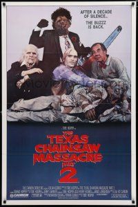 8c751 TEXAS CHAINSAW MASSACRE PART 2 family style 1sh '86 Tobe Hooper horror sequel, cast portrait!