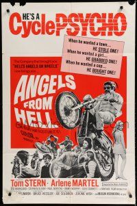 8e045 ANGELS FROM HELL 1sh '68 AIP, image of motorcycle-psycho biker, he's a cycle psycho!