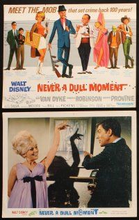 8f018 NEVER A DULL MOMENT 9 LCs '68 Disney, c/u of Dick Van Dyke hanging from wacky machine!