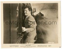 8h058 39 STEPS 8.25x10 still '60 intense c/u of Kenneth More hanging on to outside of train!
