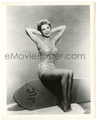 8h462 JANET LEIGH 8.25x10.25 still '50s super sexy portrait in swimsuit & sitting on surfboard!