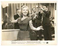 8h959 WHERE DO WE GO FROM HERE 8x10 still '45 great c/u of pretty June Haver singing with band!