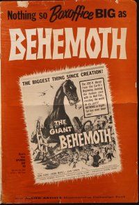 8k487 GIANT BEHEMOTH pressbook '59 cool art of brontosaurus dinosaur monster smashing city!